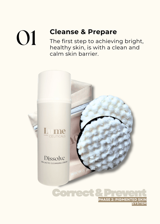 Includes Dissolve 10% lactic acid cleanser and reusable cleansing pads.