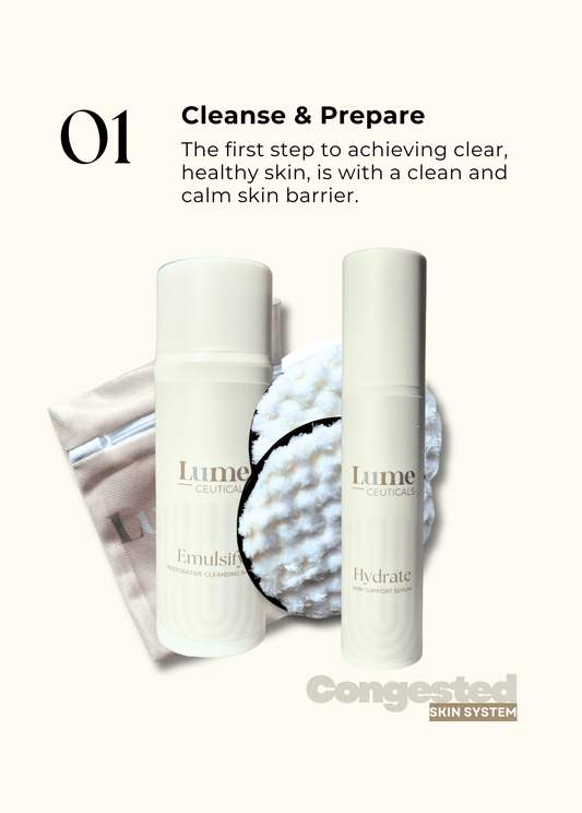 Includes Emulsify, cleansing pads and Hydrate to hydrate congested skins prone to sensitivity.