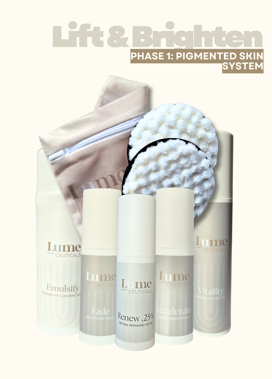 LumeCeuticals Phase 1 pigmentation brightening skincare system includes 5 full size products.