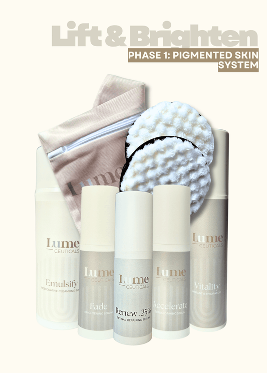 LumeCeuticals Phase 1 pigmentation brightening skincare system includes 5 full size products.